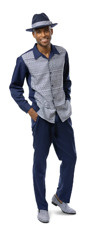Interlace Collection: Montique Navy Weaved Long Sleeve 2-Piece Walking Suit Set -2360