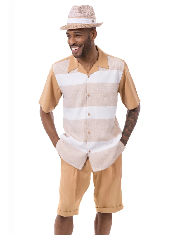 Tan Horizontal Stripes Design 2 Piece SHORT PANTS Walking Suit 72310