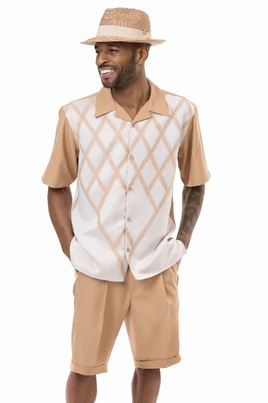 Tan Criss Cross Print Walking Suit 2 Piece SHORTS SET 72206