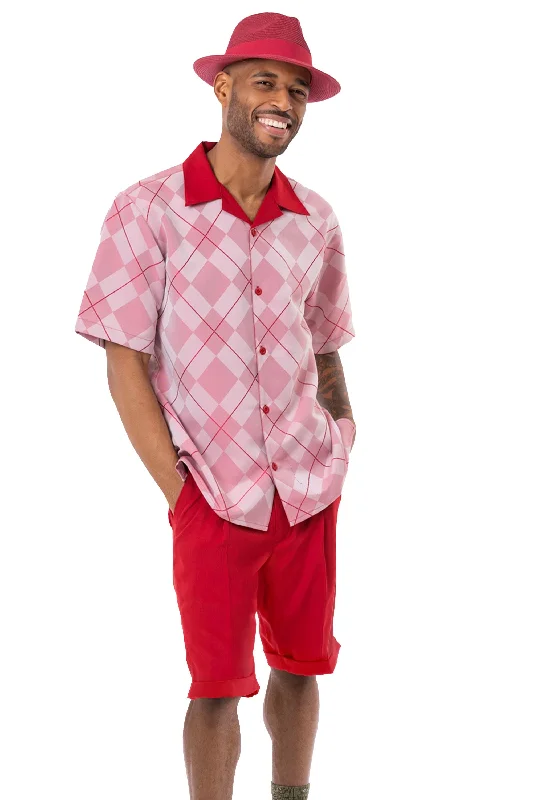 Montique Red Argyle Pattern Walking Suit 2 Piece SHORTS SET 72216