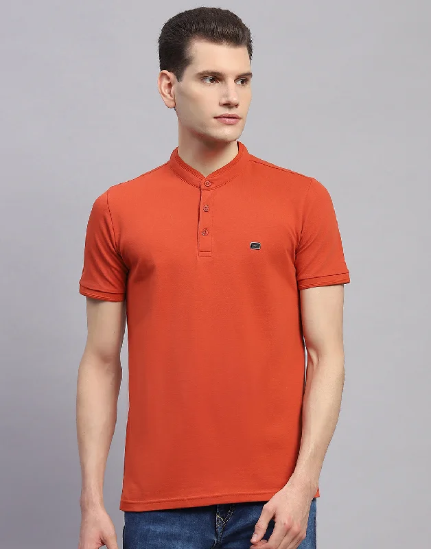 Men's Long-Sleeved ShirtsMen Orange Solid Band Collar Half Sleeve T-Shirt