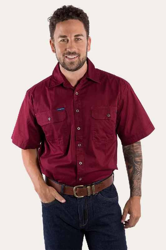 Men's Iron-Free Shirts for Wrinkle-Resistant WearLake Argyle Mens Short Sleeve Full Button Work Shirt - Burgundy