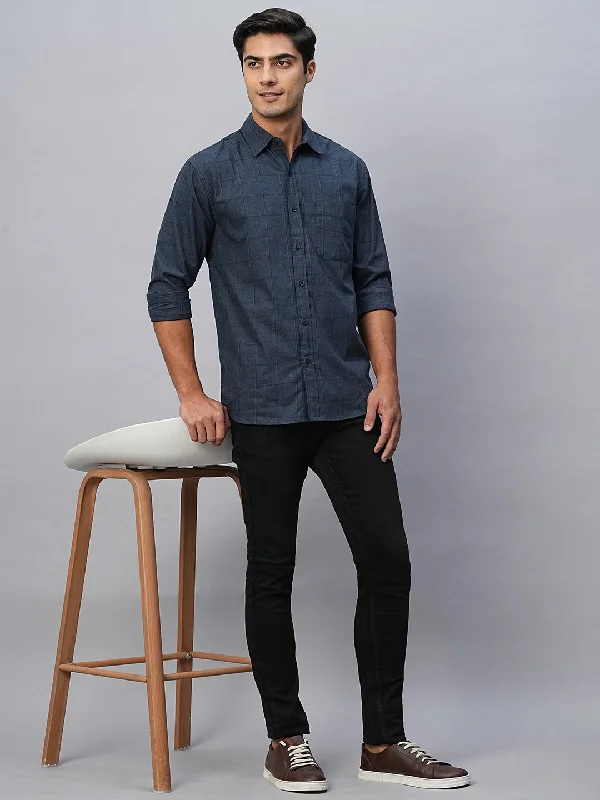Casual Men's Button-Down ShirtsMen's Navy Cotton Regular Fit Checked Shirt