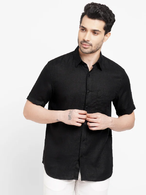 Men's Floral Print Shirts for Spring and SummerMen's Black 100% Linen Regular Fit Short Sleeved Shirt Men's Floral Print Shirts for Spring and SummerMen's Black 100% Linen Regular Fit Short Sleeved Shirt