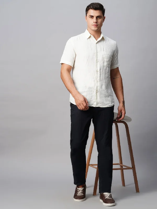 Men's V-Neck T-Shirts for a Flattering ShapeMen's Offwhite 100% Linen Regular Fit Striped Shirt
