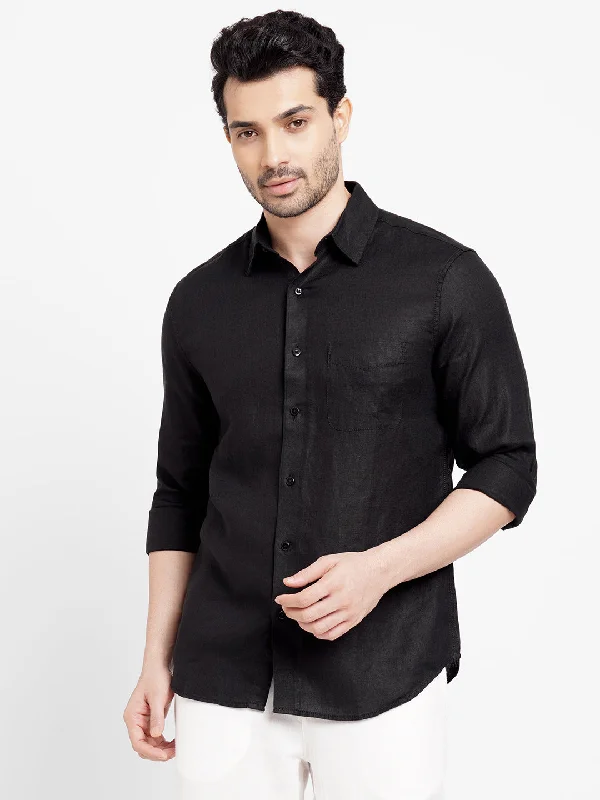 Men's Hunting Shirts for Camouflage and ComfortMen's Black 100% Linen Regular Fit Long Sleeved Shirt Men's Hunting Shirts for Camouflage and ComfortMen's Black 100% Linen Regular Fit Long Sleeved Shirt